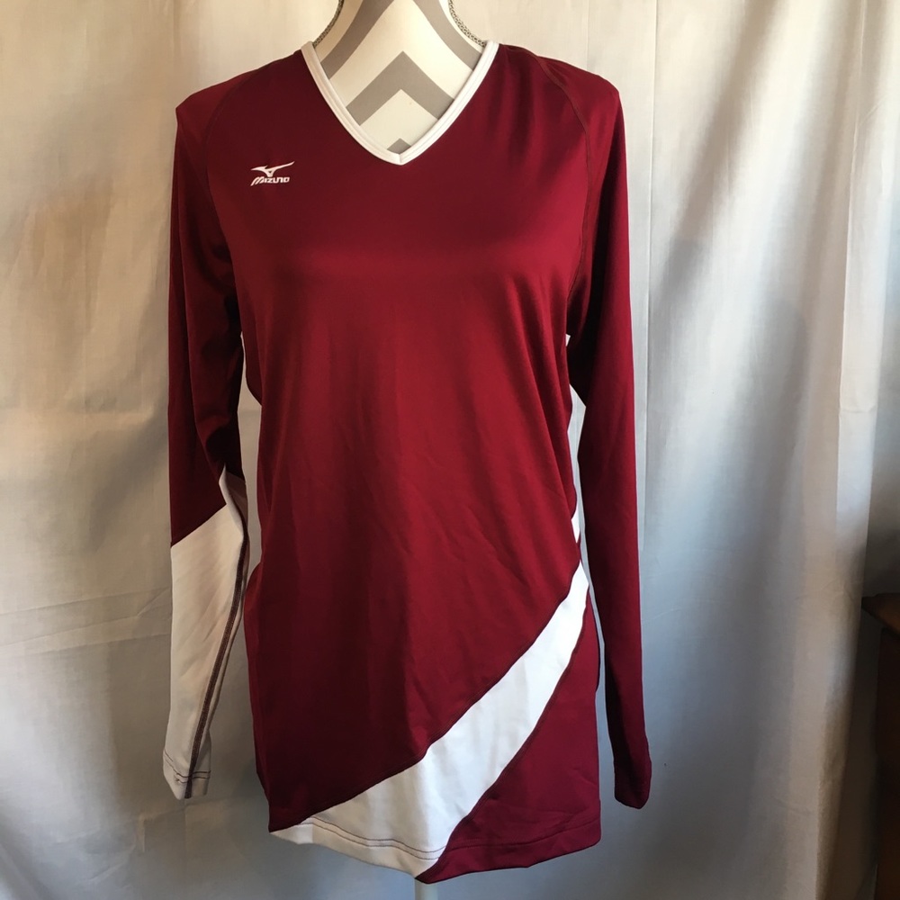 Mizuno Women's Long-sleeve Performance Volleyball V-Neck Jersey Burgundy White L